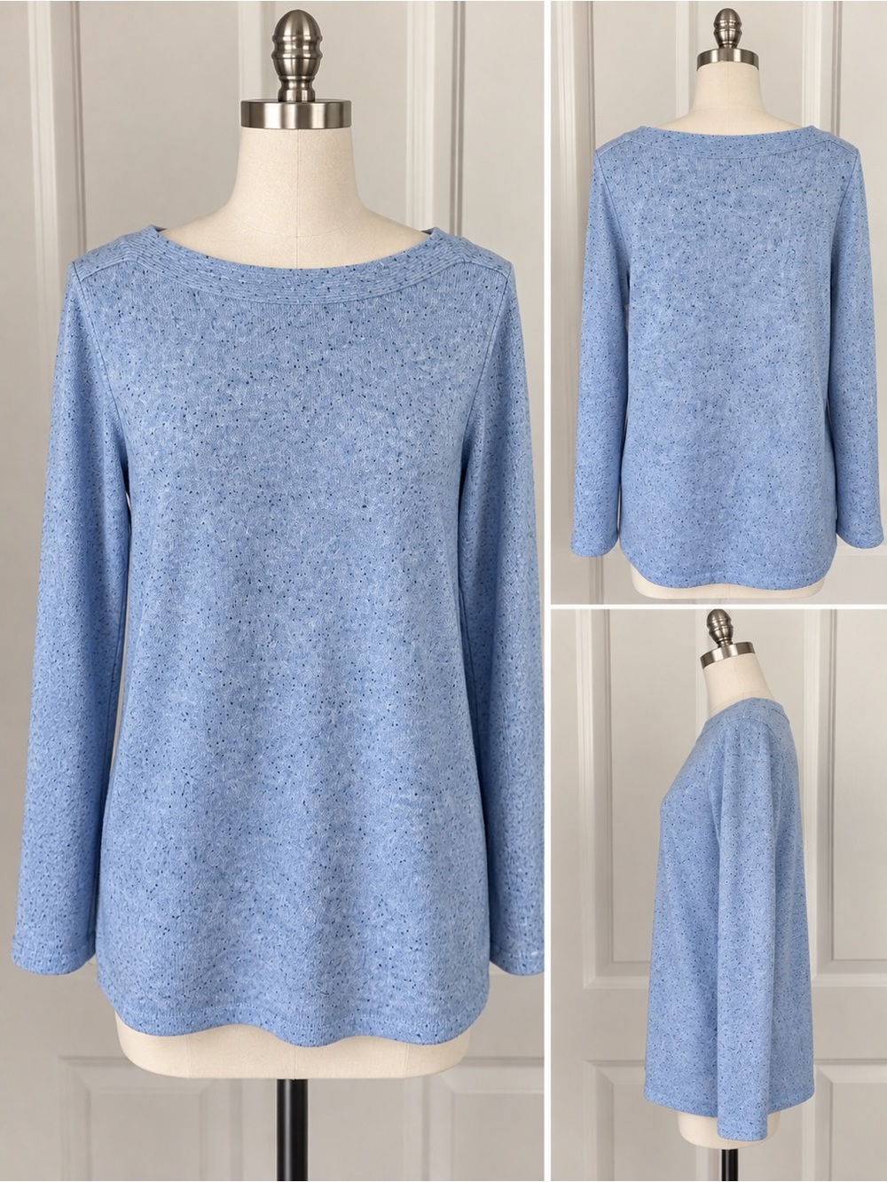 Karen Scott Light Blue Eyelet Long-Sleeve Knit Tunic